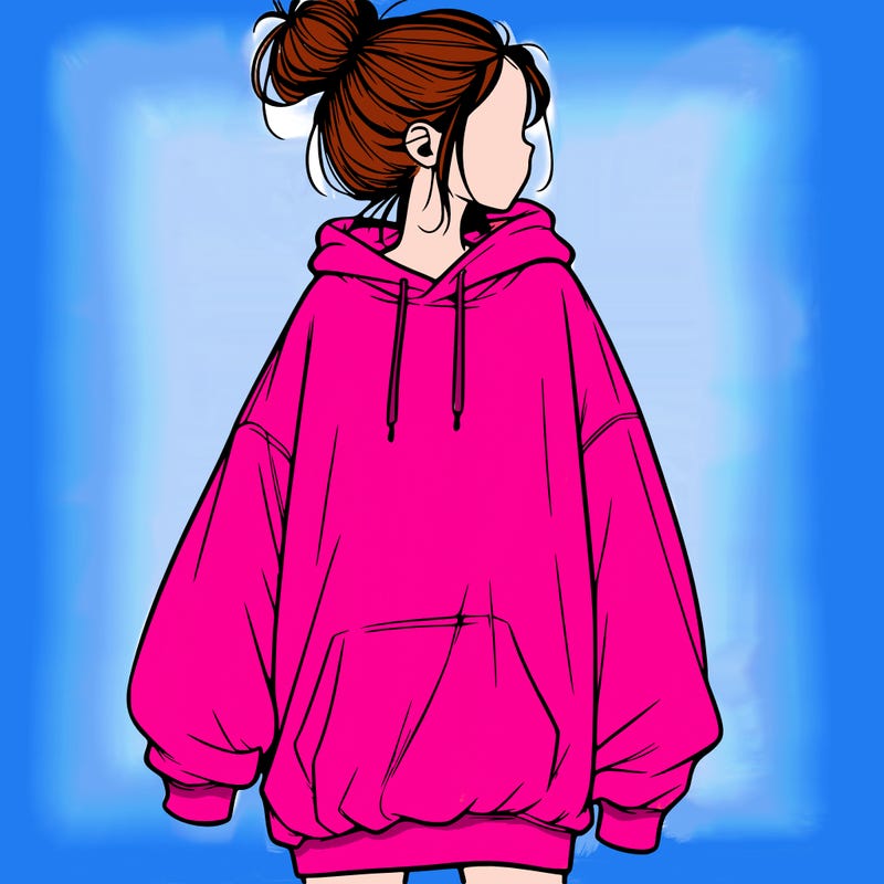 realistic girl with a oversized sweatshirt on and a bun