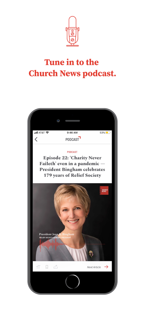 Church News - Captura de pantalla de la aplicación Noticias de la Iglesia que muestra un episodio de podcast con la presidenta Jean B. Bingham