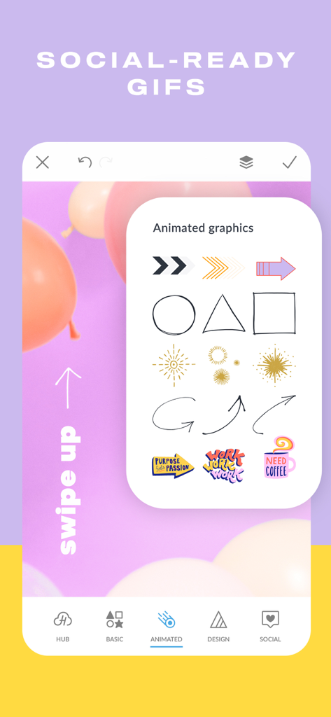 Interface de l'application PicMonkey affichant une sélection de graphiques animés et d'autocollants pour les publications sur les réseaux sociaux.