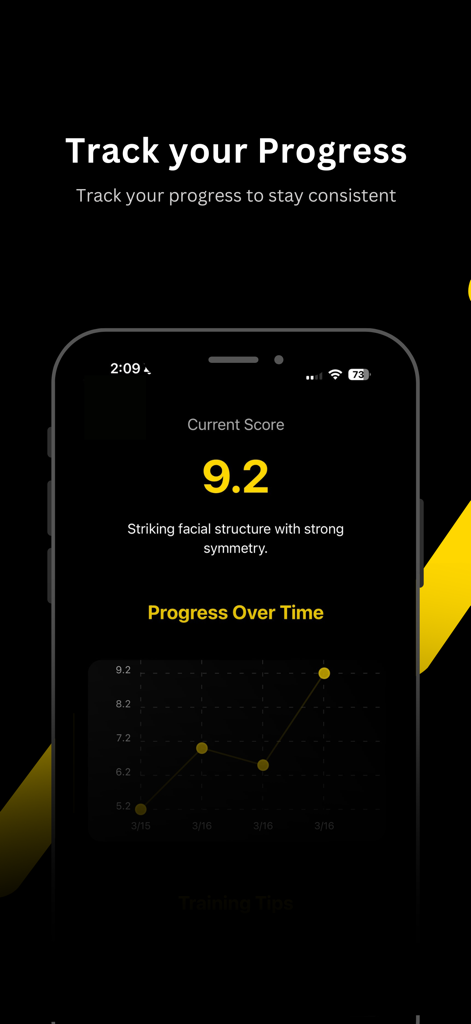 MaxxedAI: FaceRate & LooksMax - A screen from the MaxxedAI app showing a facial score of 9.2 and a progress over time line graph.