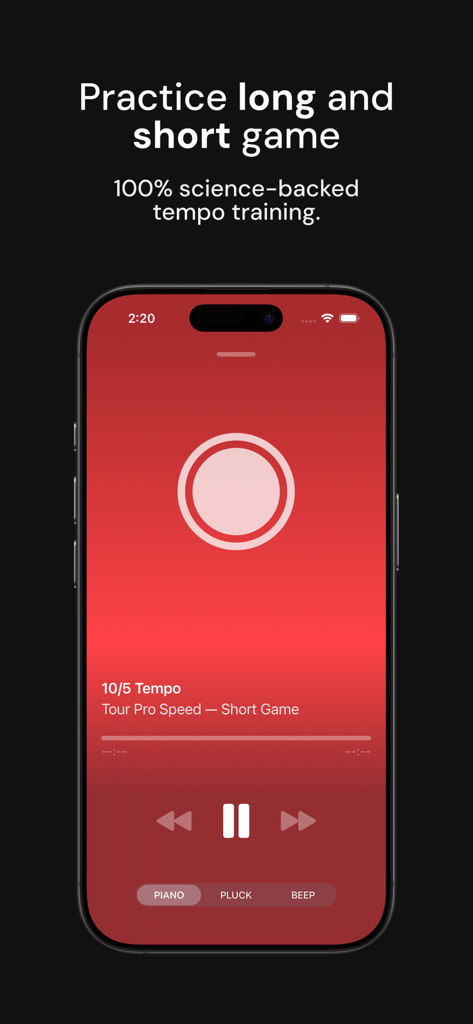 Golf Tempo: Tempo Town - Golf Tempo app screen showing short game practice mode with tour pro speed settings