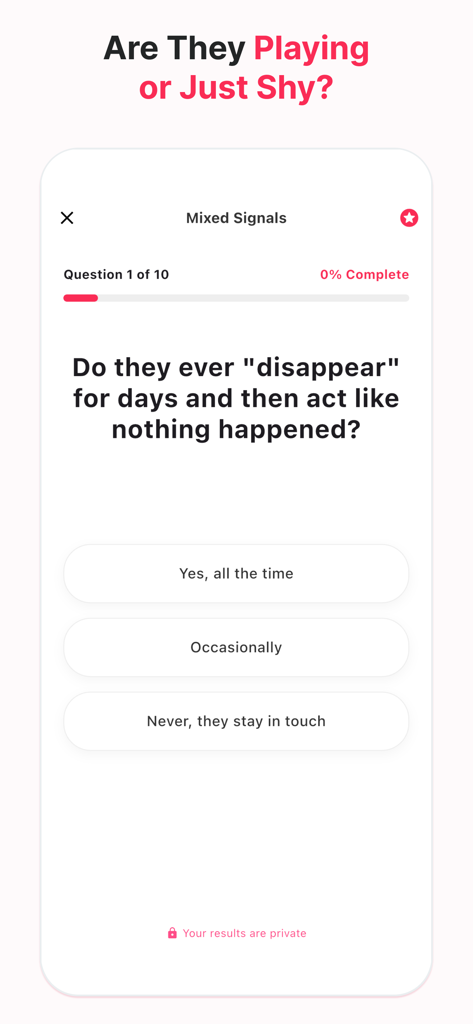 Love Test: Do they like me? - A screenshot of the Love Test app featuring a Mixed Signals quiz question about crush behavior.