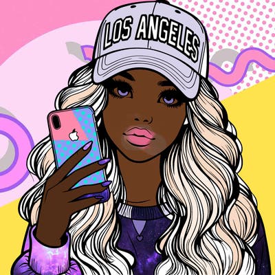 realistic beautiful girl wearing los ángeles cap holding an iphone