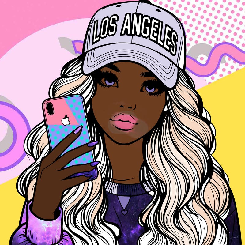 realistic beautiful girl wearing los ángeles cap holding an iphone