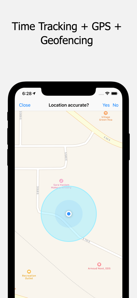 Timeero mobile app showing GPS location and geofencing on a map interface