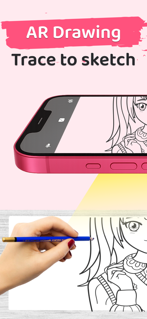 AR Drawing: Draw To Trace Art - Smartphone projecting an anime character onto paper for a user to trace with a pencil using AR technology.