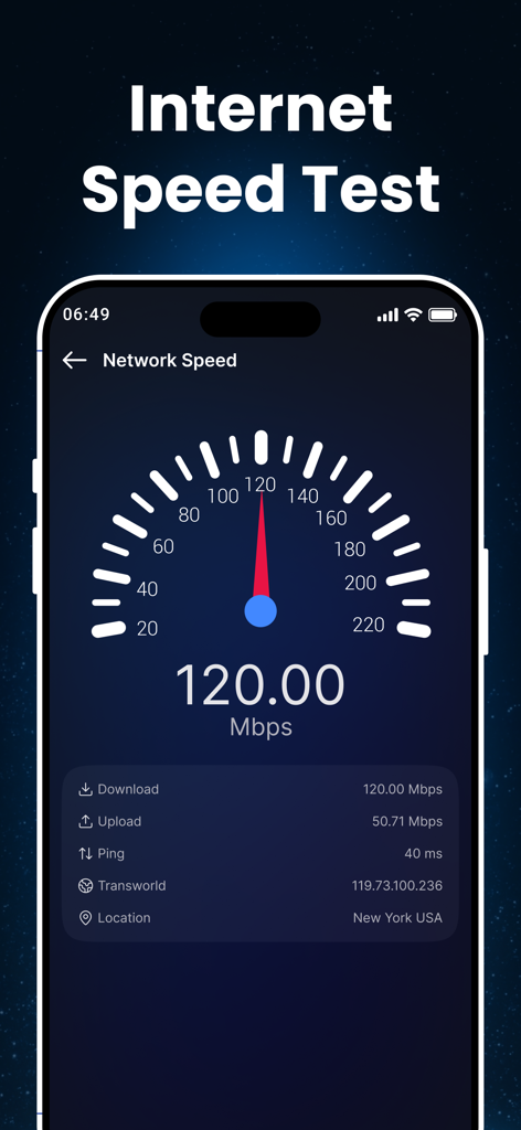Free VPN - Fast Proxy Master - Internet speed test feature showing connection speed and network details in New York