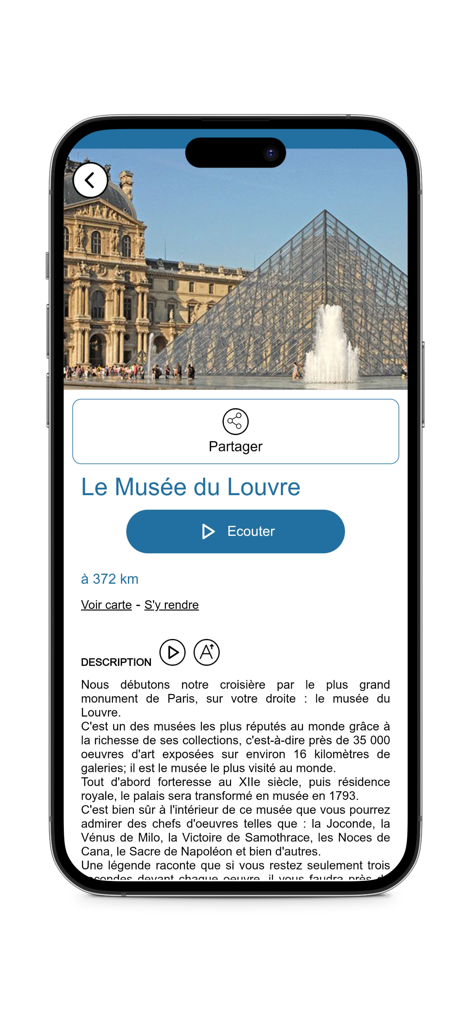 Vedettes du Pont Neuf - Pantalla de smartphone que muestra la guía de la aplicación Vedettes du Pont Neuf para el Museo del Louvre con un botón de tour de audio y descripción histórica.