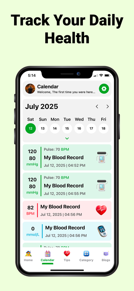Blood pressure tracker app interface displaying a daily health log with calendar and vitals