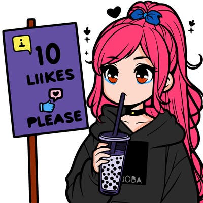 girl with a high ponytail and a hoodie drinking boba staring at a sign saying 10 likes please
