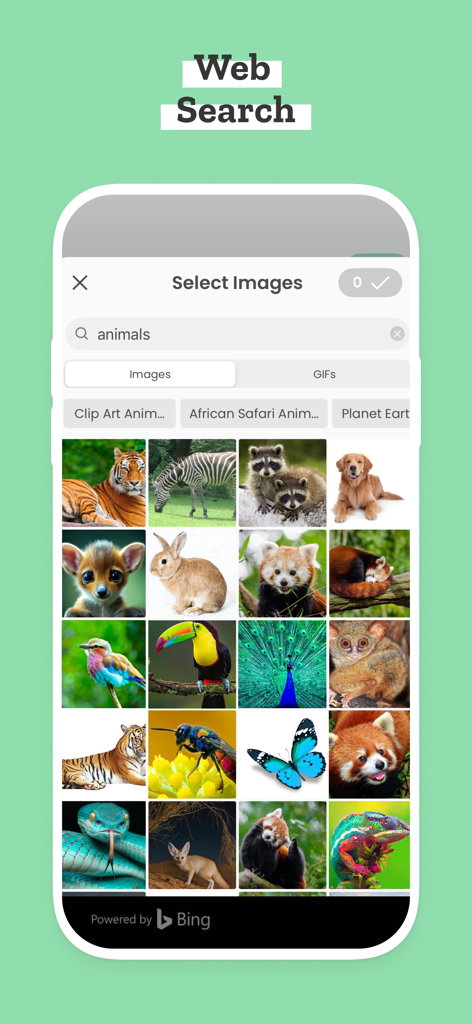 PicCollage EDU Collage Maker - Safe web search interface in PicCollage EDU showing animal image results for students