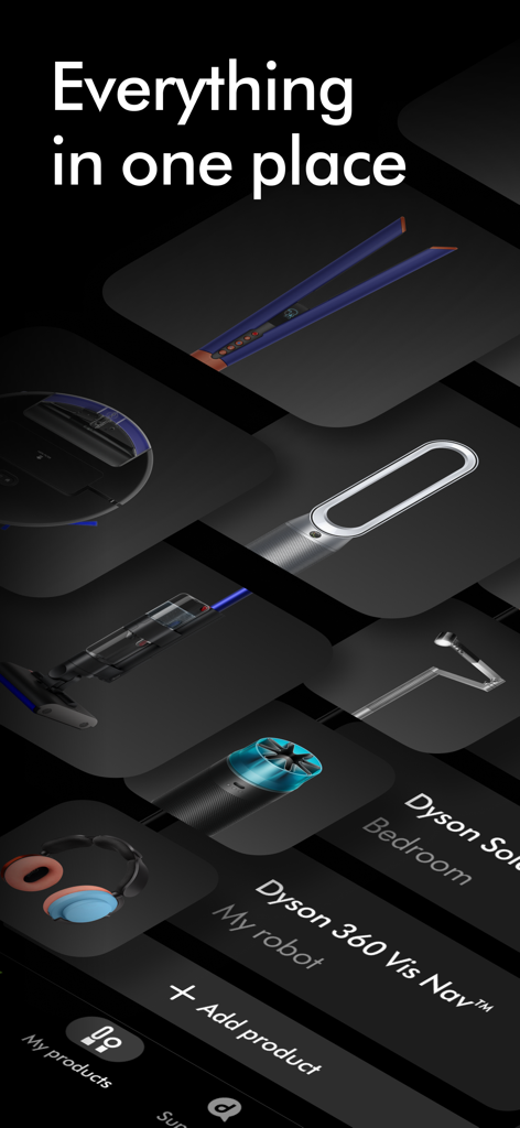 L'interface de l'application MyDyson affiche un tableau de bord centralisé regroupant divers produits connectés pour la maison et les soins personnels.