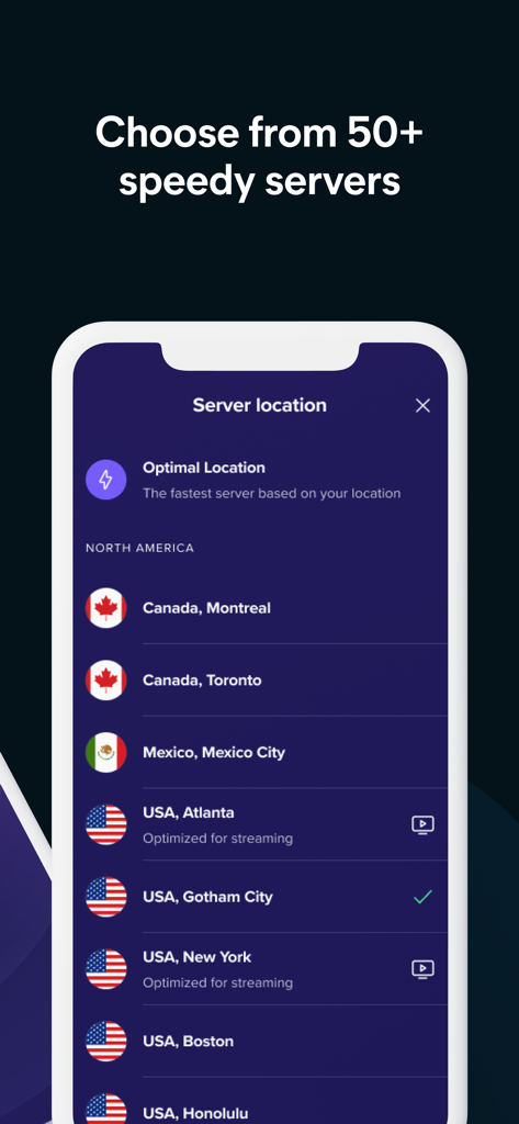 Avast Secureline VPN app interface showing a list of server locations in North America optimized for streaming