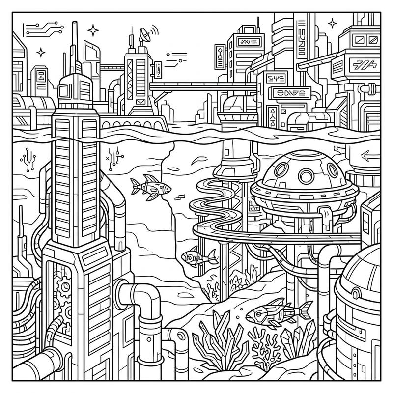 Journey to a dystopian future where technology meets the mysterious depths of a deepwater lake. This intricate cyberpunk coloring page invites you to bring a vibrant world of submerged cities and high-tech marine life to life.