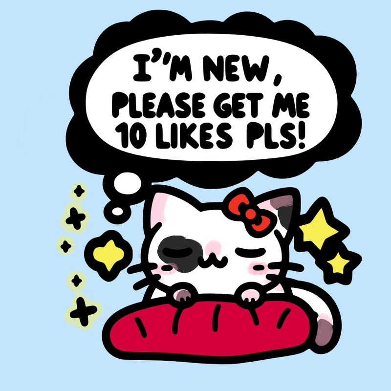 kitty taking a nap dream talking and saying "i'm new, please get me at least 10 likes pls!!"