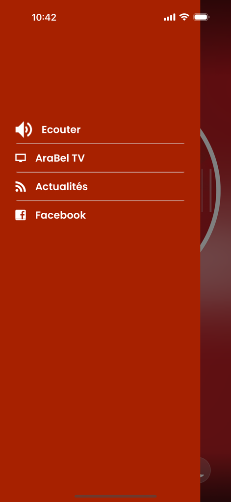 AraBel - A red side navigation menu of the AraBel radio app featuring options for listening live, watching AraBel TV, reading news, and accessing Facebook.