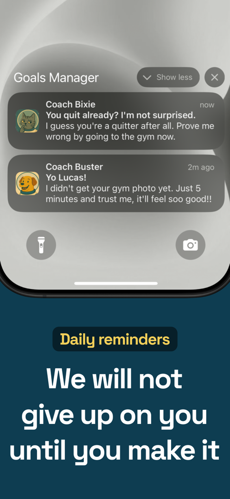 Goodtails: Dog Training & Care - Mobile screen displaying motivational daily goal notifications from character coaches Bixie and Buster.