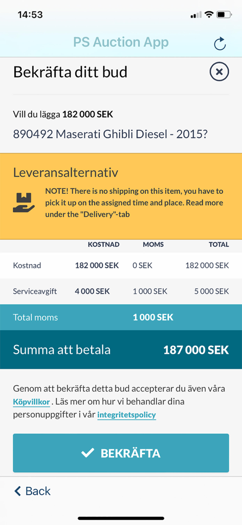 PS Auction App - Bid confirmation screen in the PS Auction app showing cost details for a vehicle.