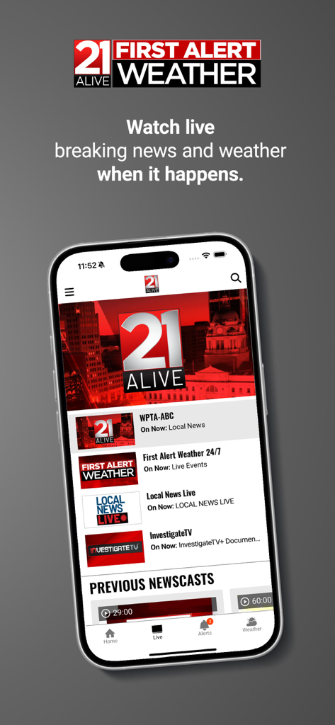 21Alive News - Interface de l'application mobile 21Alive News montrant les nouvelles de dernière minute en direct et les alertes météo pour Fort Wayne