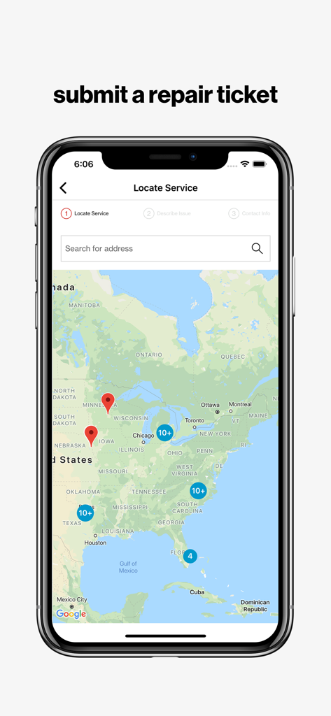 サービス場所を特定し、修理チケットを送信するための米国地図を表示するMy Verizon For Enterpriseアプリの画面