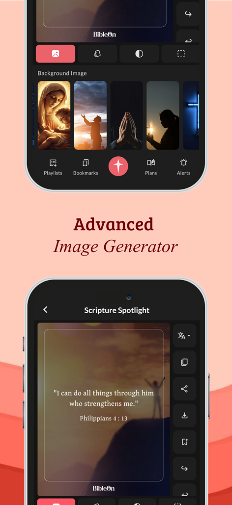 BibleOn Catholic Bible + Audio - BibleOnアプリの高度な画像ジェネレーター機能。宗教的な背景で聖書のスポットライトのカスタマイズが表示されています。