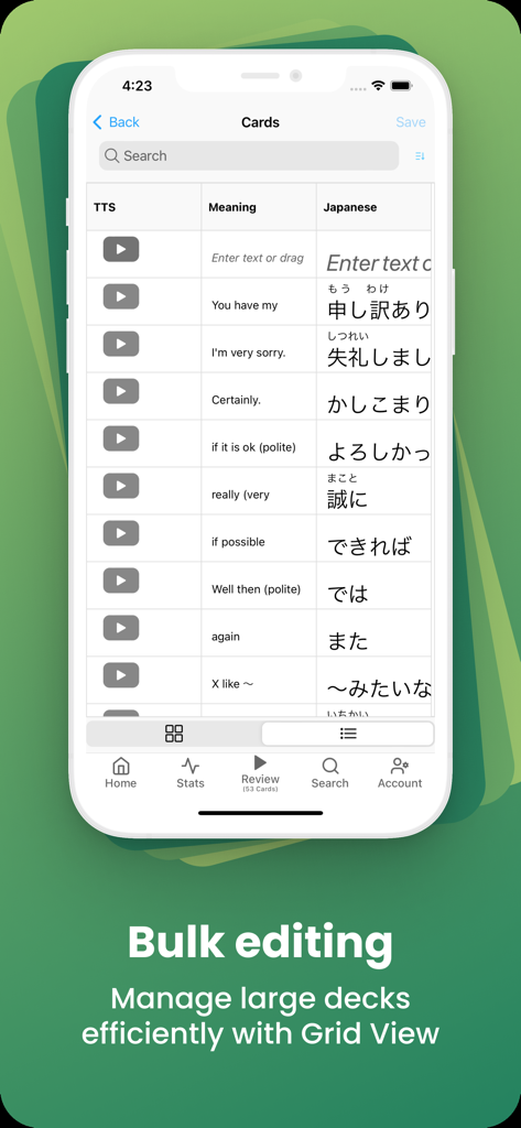 AlgoApp Flashcards - AlgoApp Flashcards interface showing bulk editing feature with a list of Japanese language cards in a grid view.