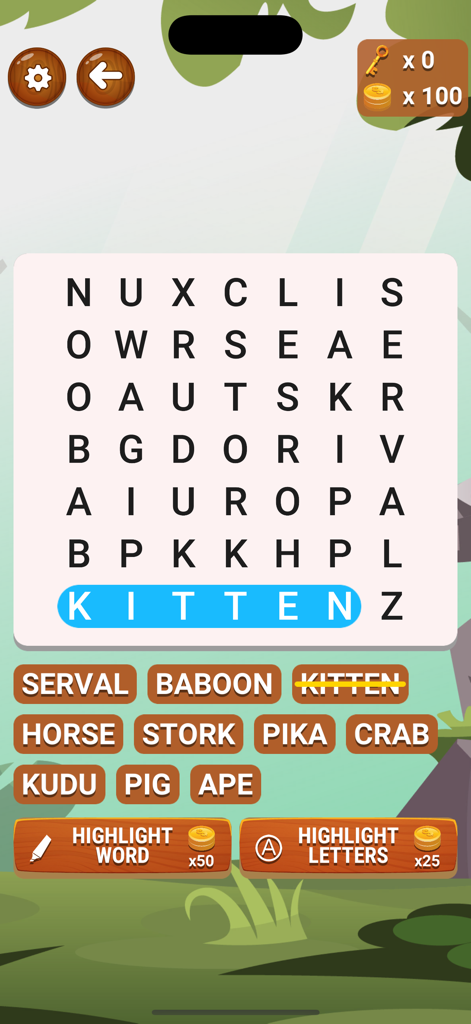 Word Hunt - Search - Una sopa de letras de la aplicación Word Hunt mostrando palabras con temática de animales como gatito y babuino en una cuadrícula.