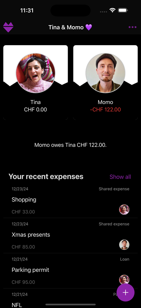 Couple-Budget - Tableau de bord de l'application Couple-Budget montrant les dépenses partagées récentes et un résumé du solde entre deux partenaires.