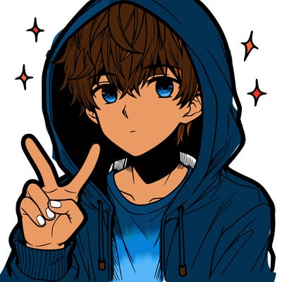 teenage manga boy in a hoodie, doing ✌