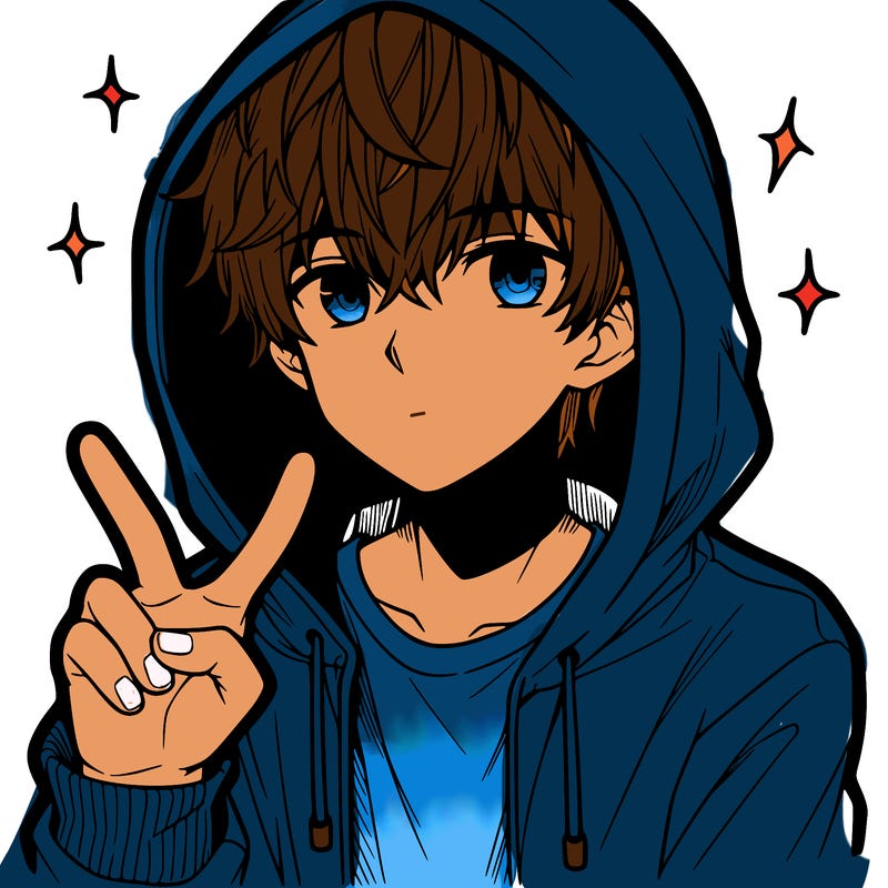 teenage manga boy in a hoodie, doing ✌