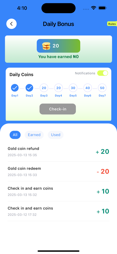TradeCard - TradeCard app daily bonus screen showing check-in rewards and coin transaction history