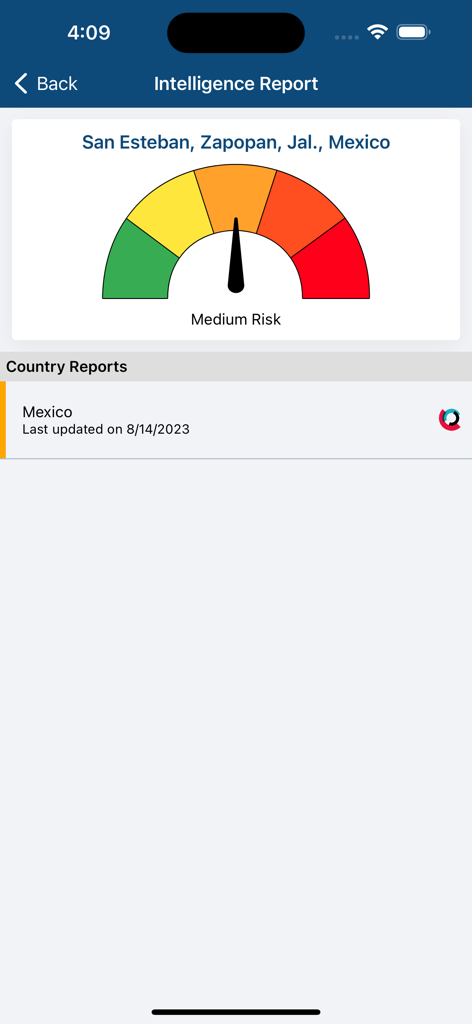 Vismo: Locate & Protect - Vismo app intelligence report showing a medium risk level meter for a location in Mexico.