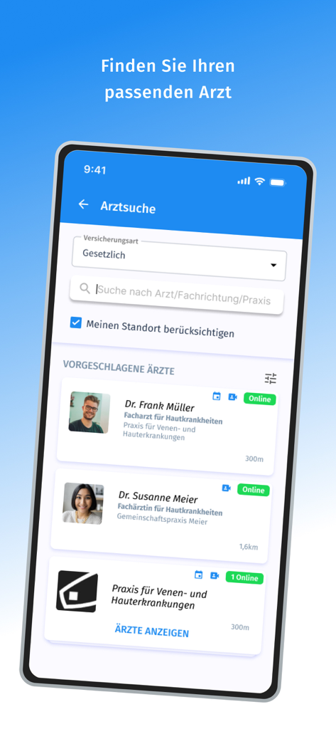 arzt-direkt - Interface of the arzt-direkt app showing a list of doctors available for video consultations.