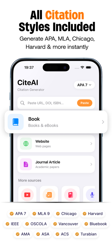 Interface of CiteAI app displaying various citation styles and source types like books and websites