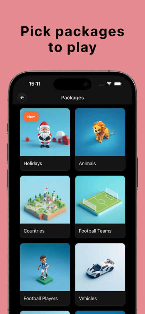 Schermata di selezione dell'app del gioco di società Spy che mostra varie categorie di parole come animali e sport.