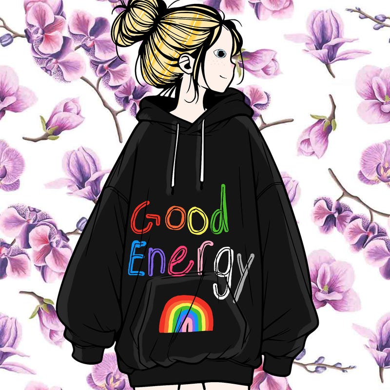 realistic girl with a oversized sweatshirt on and a bun