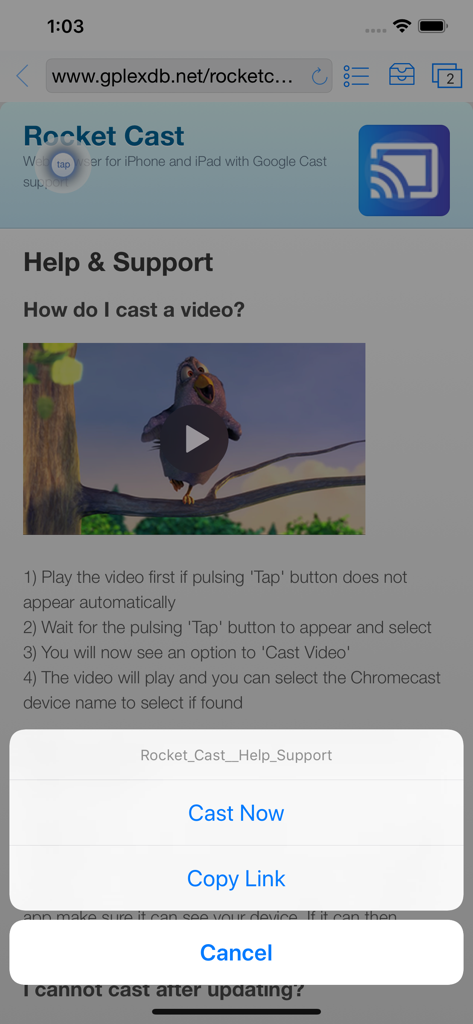 Rocket Video Cast - Página de ayuda y soporte de Rocket Video Cast que muestra instrucciones sobre cómo transmitir un video desde el navegador web a un televisor