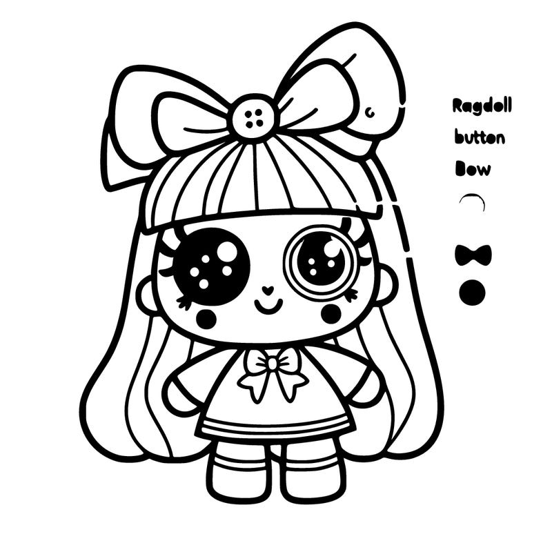 a ragdoll has a button on her right eye she has a bow and her name is ragatha