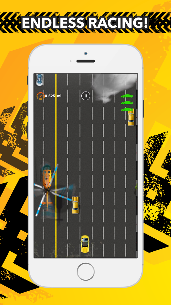 Free Car Racing Games - Jugabilidad de carreras sin fin en un iPhone mostrando una vista de pájaro de coches y un helicóptero en una autopista