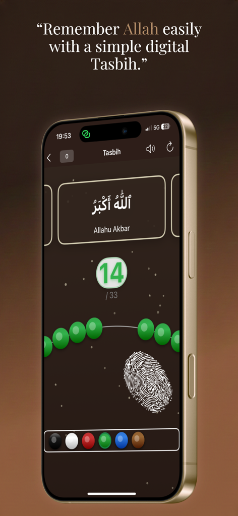 Digital Tasbih prayer bead counter interface in the Quran Daily app featuring a fingerprint tap sensor and counter display