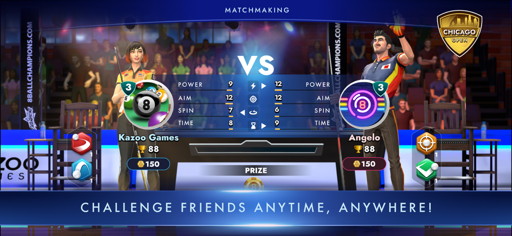 8 Ball Champions - Matchmaking screen in 8 Ball Champions comparing two players and their stats before a PvP pool game.