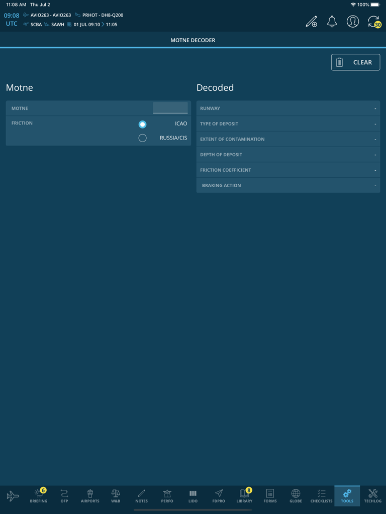 AvioBook Flight - AvioBook Flight app MOTNE DECODER screen showing runway condition decoding tools