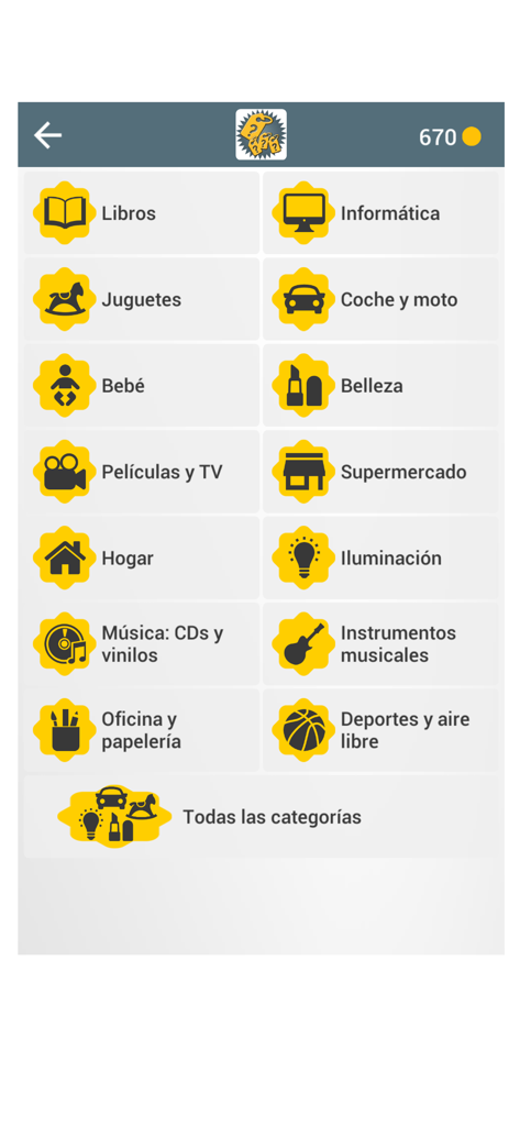 Menu principal de sélection de catégorie de l'application mobile Le Juste Prix avec des icônes pour les livres, les jouets, les bébés, la beauté, et plus encore.