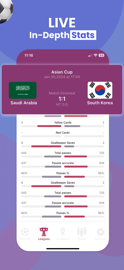 Nova Soccer : Live Sport Score - Interfaccia dell'app Nova Soccer che mostra statistiche di partita dettagliate in diretta per una partita di calcio tra Arabia Saudita e Corea del Sud