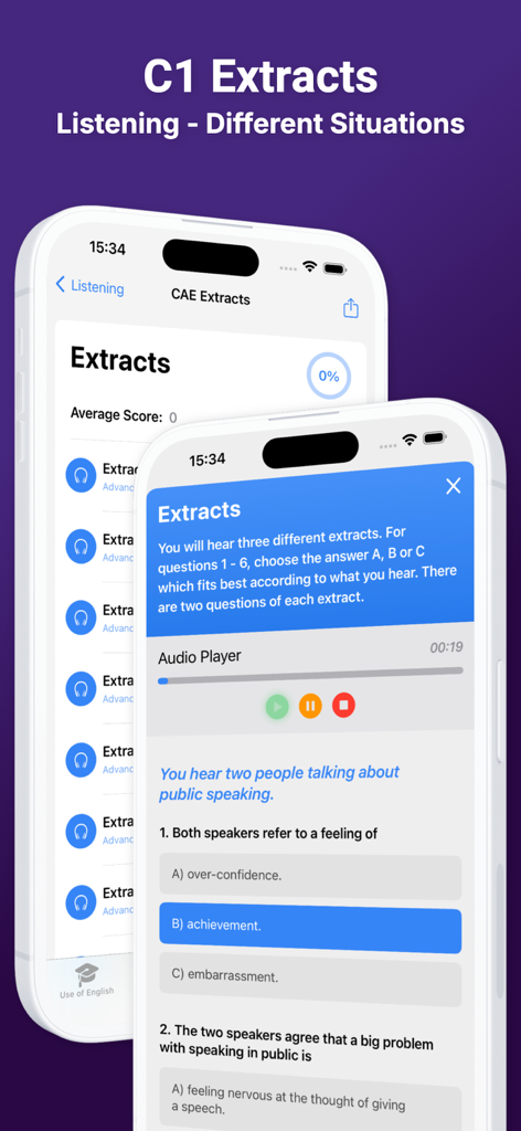 English C1 CAE - C1 CAE Hörprüfungsübungsoberfläche mit Audioplayer und Multiple-Choice-Fragen