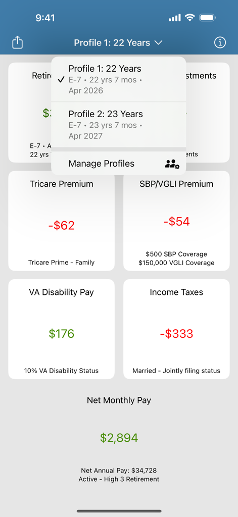 Calculadora de paga de jubilación militar que muestra ingresos mensuales y opciones de perfil