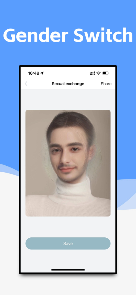 Face Editor - Cartoon Yourself - Screenshot of the Face Editor app showing a gender switch AI filter transformation on a portrait photo.