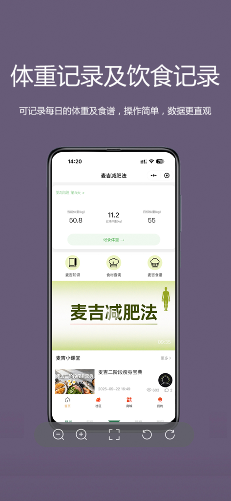 麦吉减肥 - Dashboard of the Maggie Diet app displaying weight tracking and dietary records