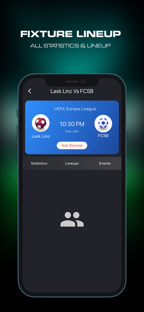 Live Football TV: Streaming HD - Fixture lineup screen of the Live Football TV app showing match details for a UEFA Europa League game