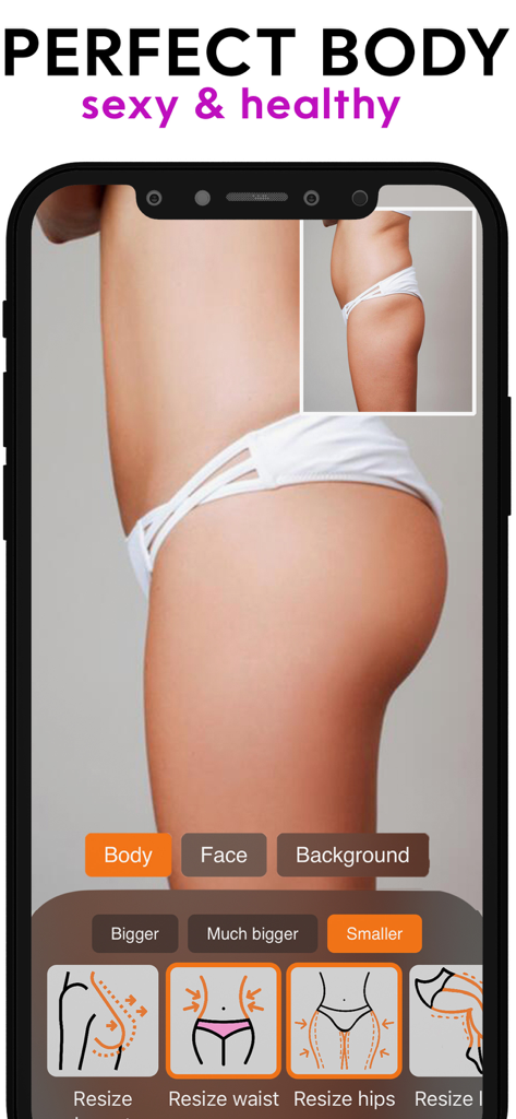 Face & Body Editor: Retouch Do - Captura de pantalla de la interfaz de la aplicación Retouch Do que muestra herramientas profesionales de edición corporal para el redimensionamiento de cintura y caderas.